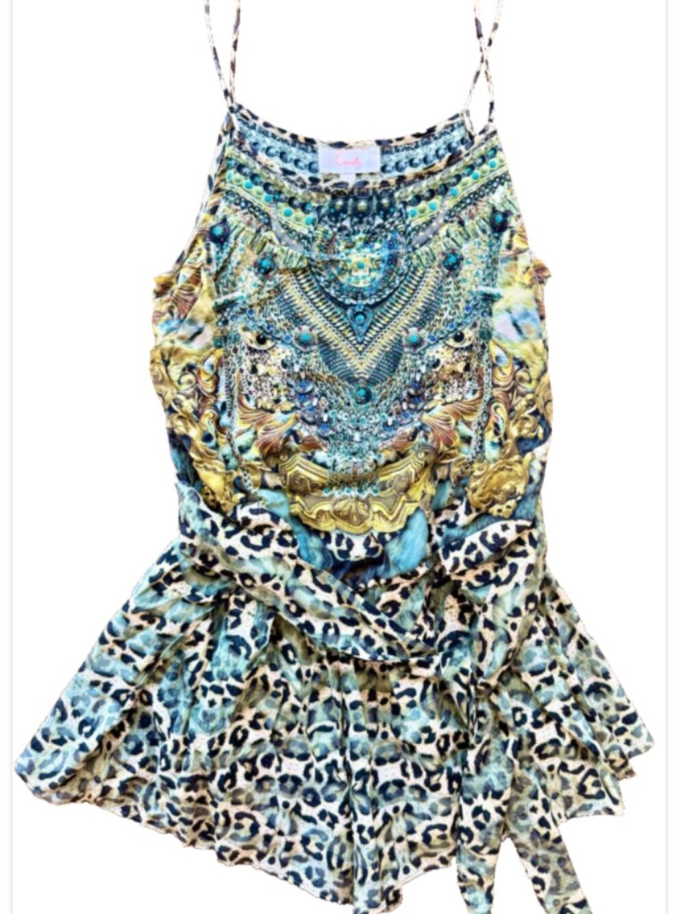 Camilla Blue, Teal and Gold Printed Mini Dress